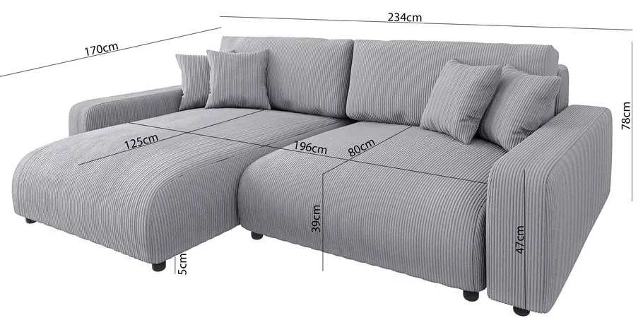Colțar gri deschis extensibil cu tapițerie din catifea reiată (cu colț variabil) Sara – Ropez