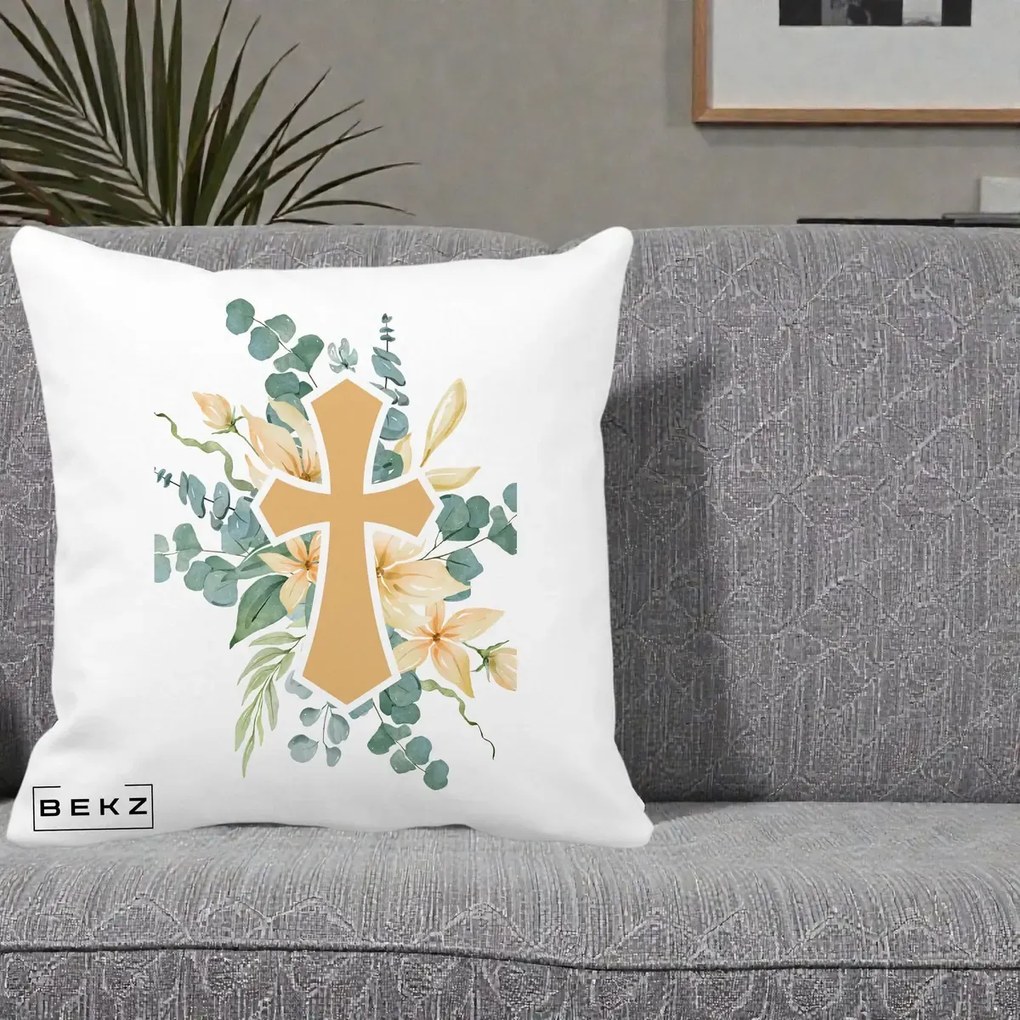 Perna Personalizata Cruce Florala Botez, 40x40 cm, Alba Mata, Husa Detasabila, Perna Inclusa, BEKZ®