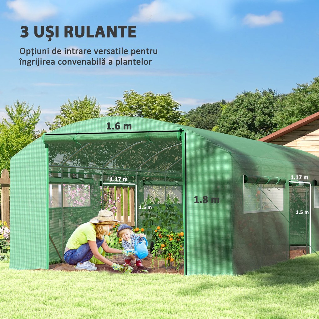 Outsunny Seră Tunel cu 3 Uși Rulante, 6 Ferestre, Țăruși și Frânghii, Seră de Grădină din Oțel Galvanizat, 6x3x2 m, Verde | Aosom Romania