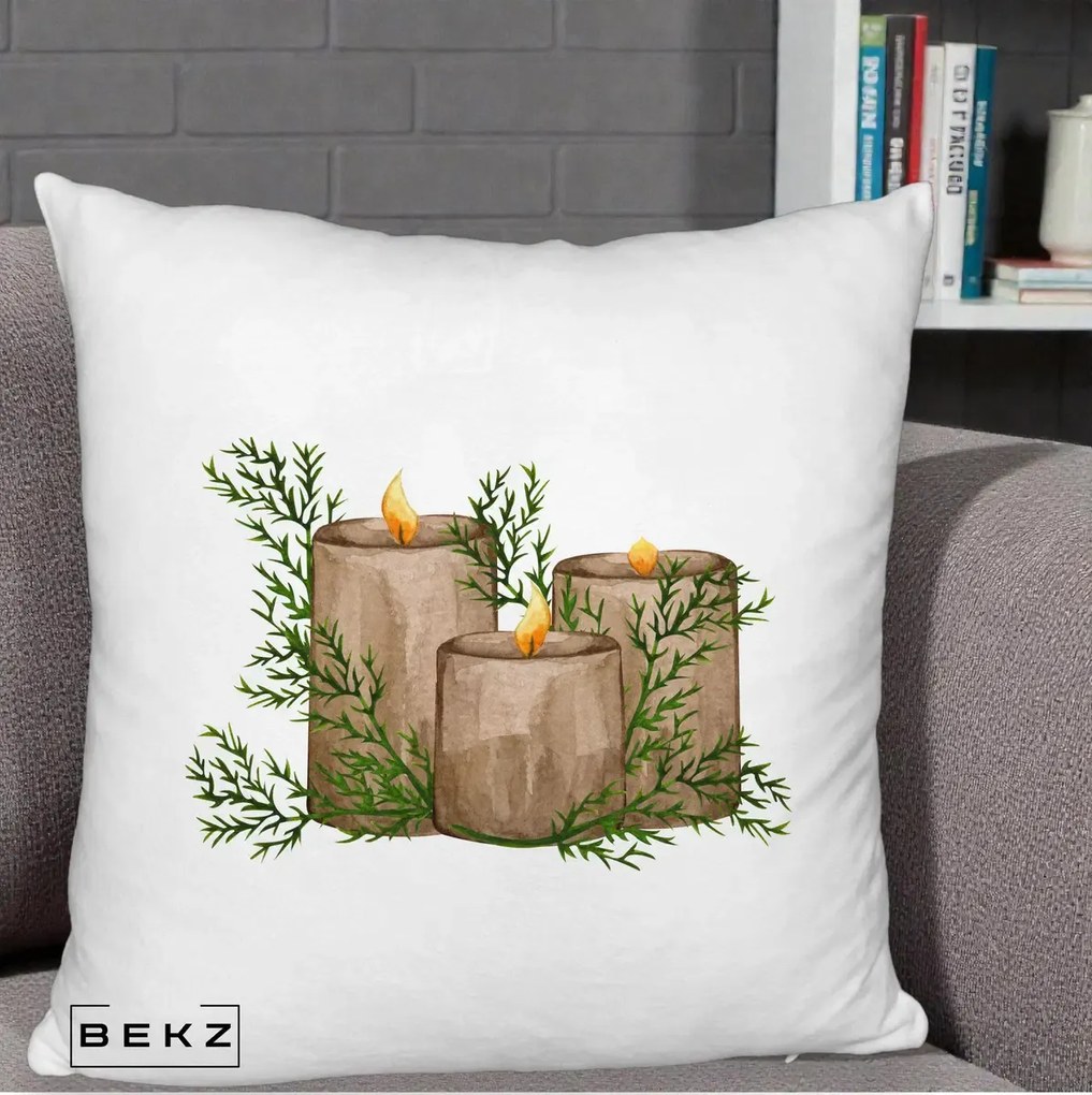Perna Decorativa Lumanari Rustice cu Crengute Brad, 40x40 cm, Alb Pufos, Husa Detasabila, Perna Inclusa, BEKZ®
