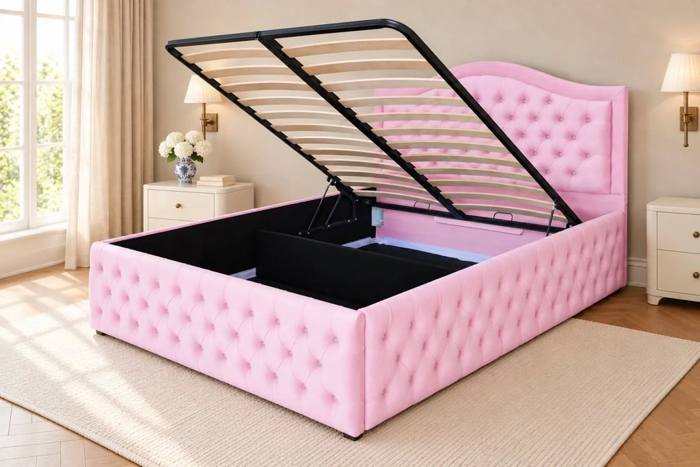 Pat tapițat Chesterfield din catifea Solaria Deluxe Cristal 180×200 cm, roz, cu ladă de depozitare