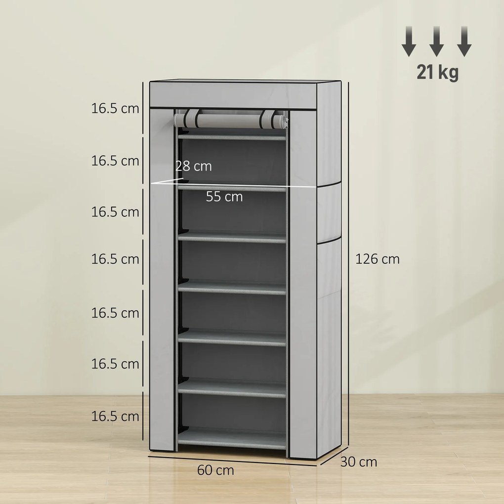 HOMCOM Pantofar cu 7 rafturi din oțel, cu husă din material nețesut, 60 x 30 x 126 cm, gri | Aosom Romania