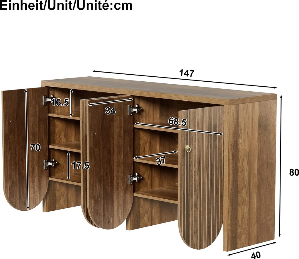Bufet cu 4 uși, dulap de depozitare versatil pentru living, sufragerie, 147×40×80 cm, Culoare naturală