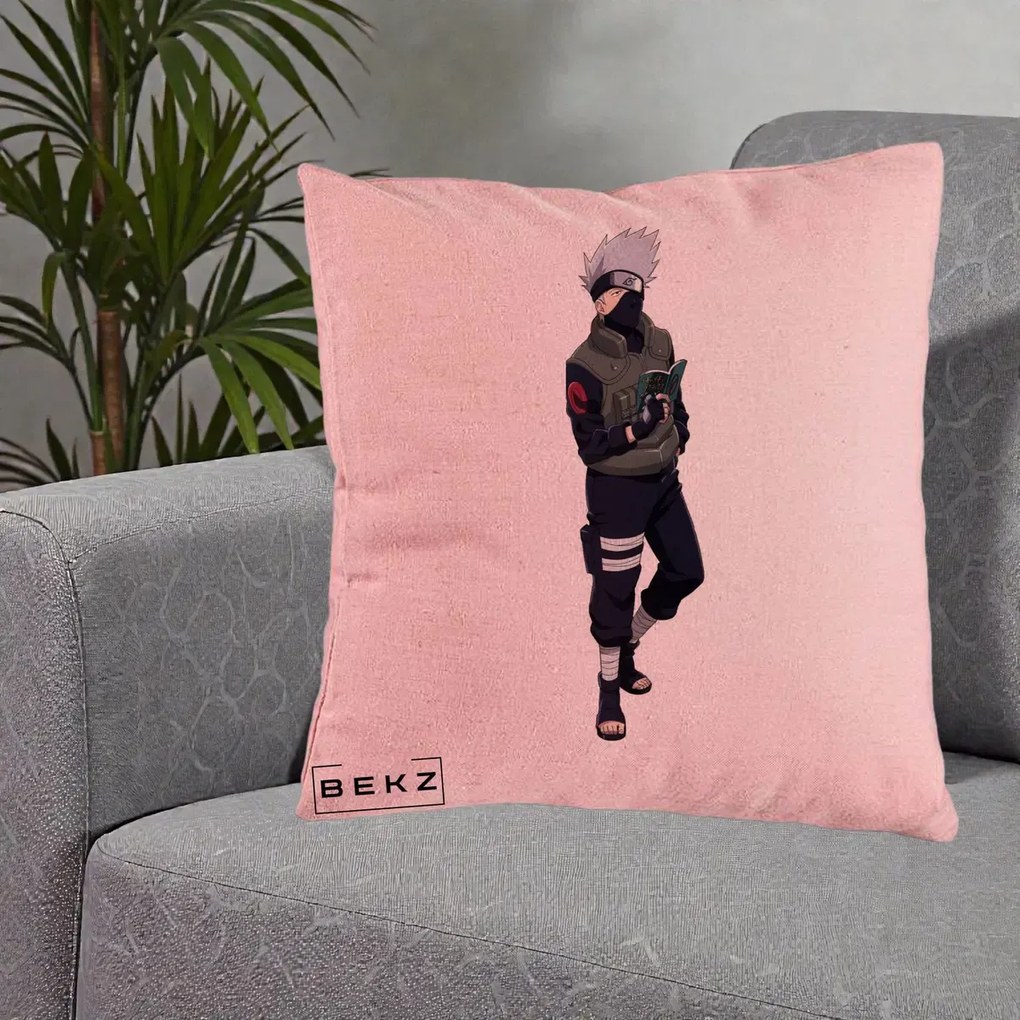 Perna Personalizata Naruto Kakashi Hatake Portret Complet, 40x40 cm, Roz, Husa Detasabila, Perna Inclusa, BEKZ®