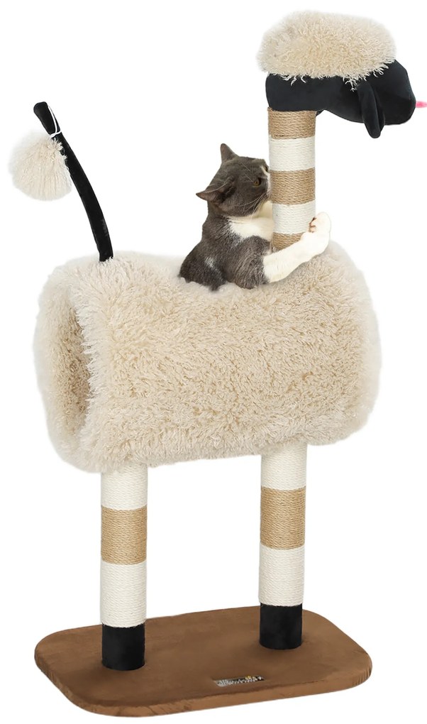 PawHut Pom de zgâriat în design de oi, cu poste de zgâriat, tunel și jucărie, 98 cm, maro deschis | Aosom Romania
