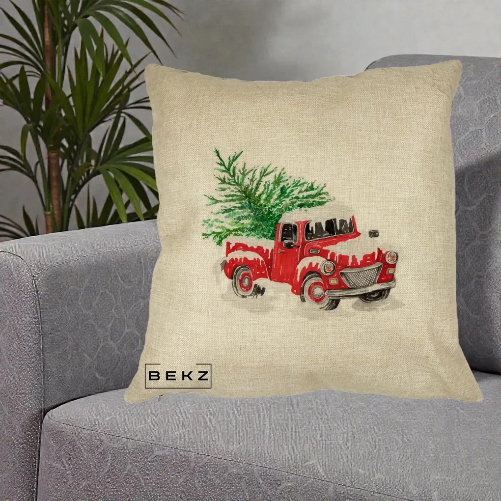 Perna Decorativa Camioneta Rosie Brad de Craciun, 40x40 cm, Crem, Husa Detasabila, Perna Inclusa, BEKZ®