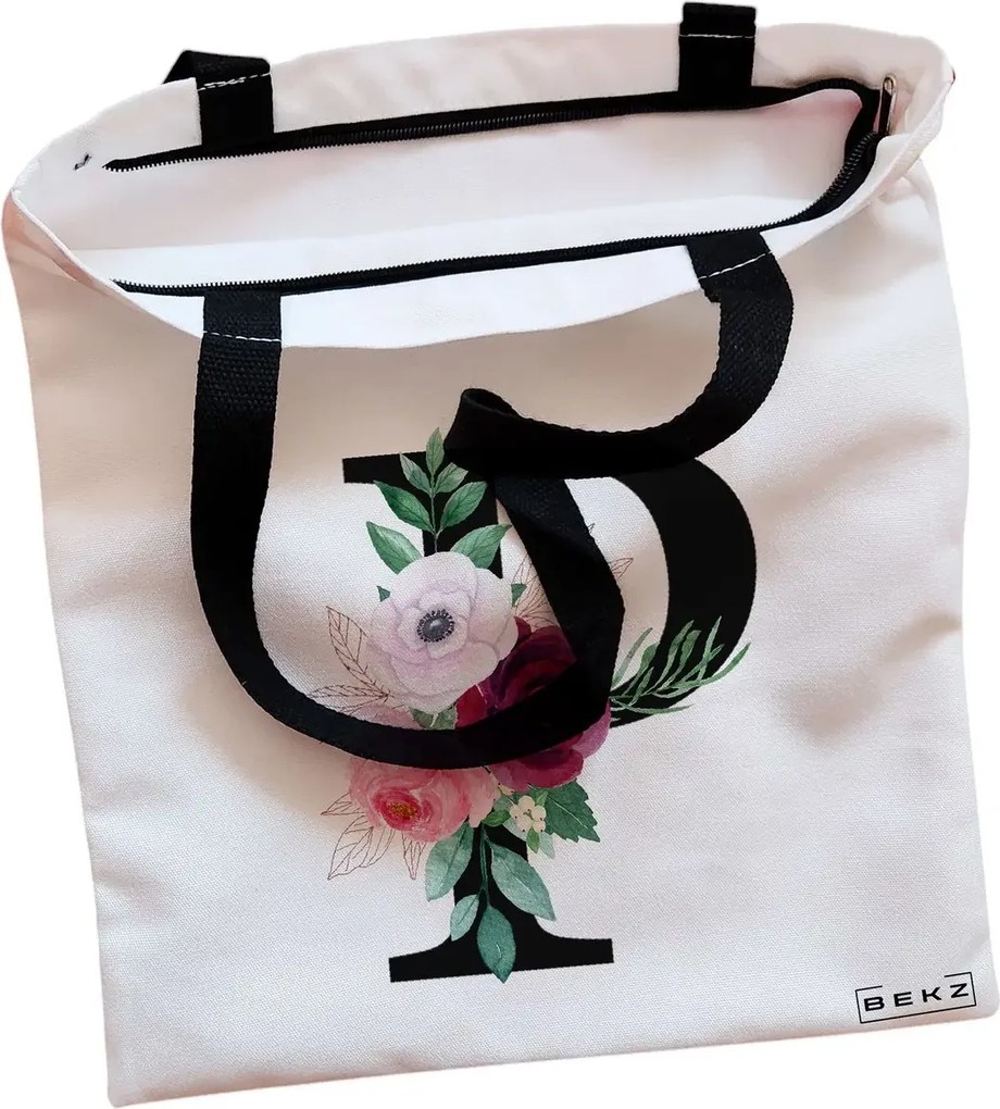 Sacosa de Panza pentru Cumparaturi, Geanta Tote, Cu litera P si Trandafiri, Cu fermoar, 38x34.5 cm, Alba, BEKZ®
