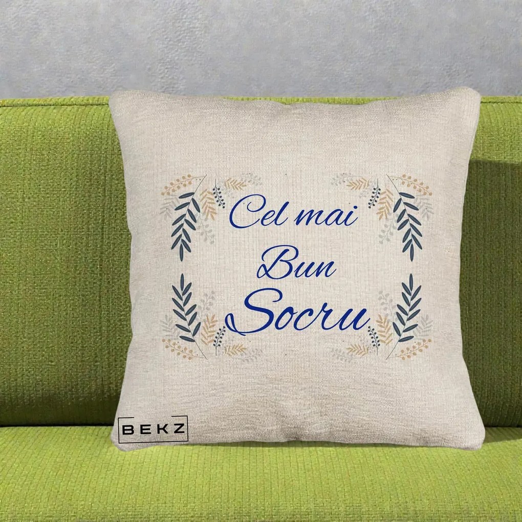 Cadou pentru Socru - Perna Personalizata Cel mai Bun Socru cu Ramuri Frunze Albastre si Aurii, 40x40 cm, Bej Canapea, Husa Detasabila, Perna Inclusa, BEKZ®