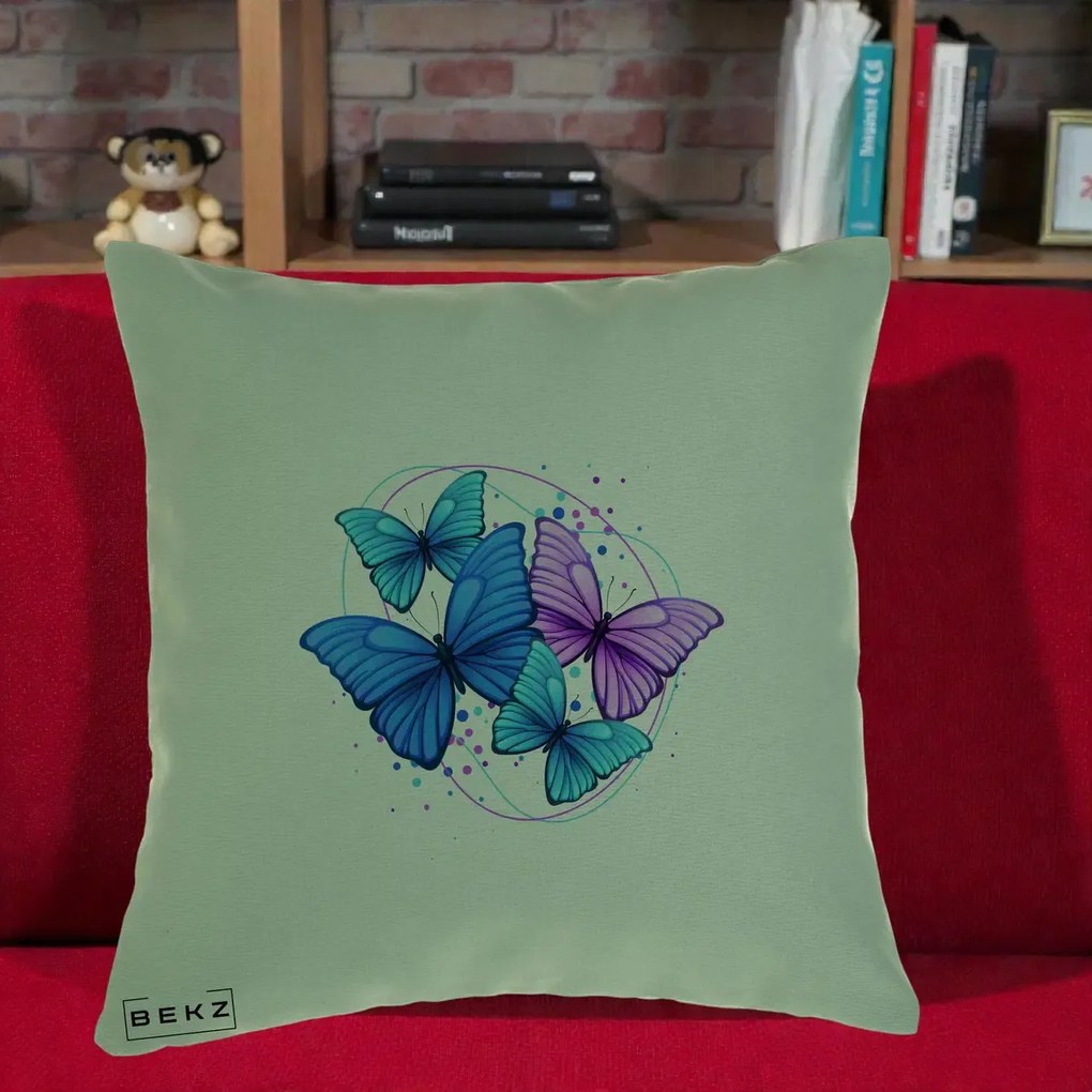 Perna Decorativa Patru Fluturi Turcoaz-Violet, 40x40 cm, Verde, Husa Detasabila, Perna Inclusa, BEKZ®