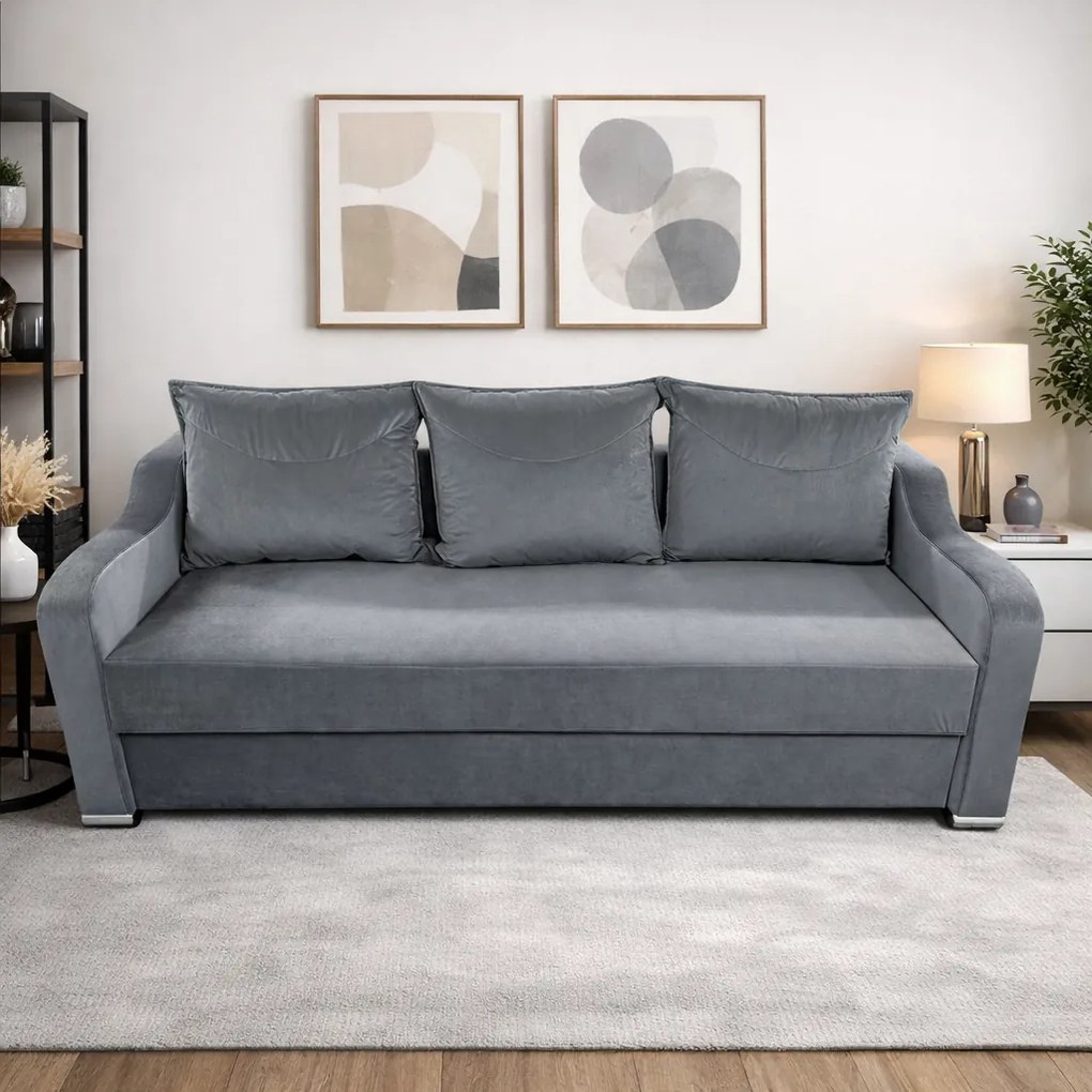 Canapea GIULIA extensibila, 3 locuri, cu lada de depozitare, catifea gri , 220x100x80 Gri