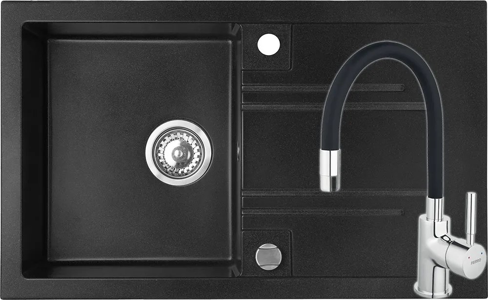 Set Chiuveta Ferro Mezzo II 1 Cuva si Picurator 780 x 480 mm si Baterie Ferro Zumba cu Pipa Flexibila Grafit