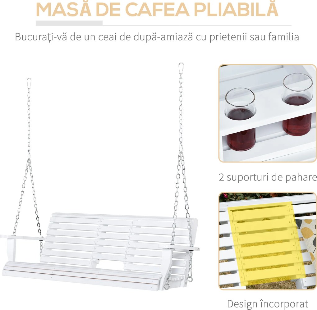 Outsunny Leagăn Suspendat pentru Exterior din Lemn de Brad cu Măsuță Rabatabilă și Suporturi pentru Pahare, Leagăn pentru Grădină sau Terasă cu 2-3 Locuri, Alb | Aosom Romania