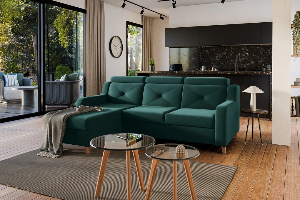 Colțar extensibil Laksaro pe stânga - catifea verde Trinity 28