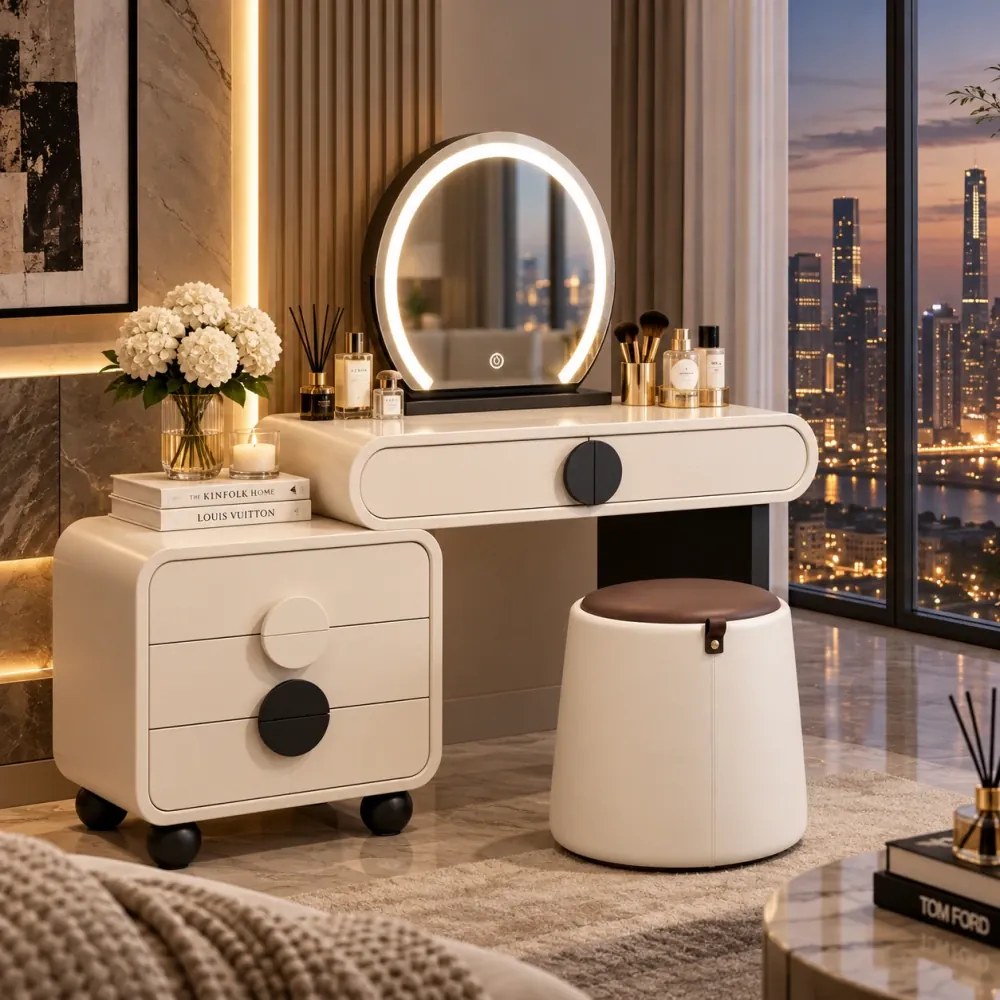Set RIGA – Masă de Toaletă pentru Machiaj, Oglindă iluminată LED, Control touch, Trei tipuri culoare, Taburet, 80 cm, Alb