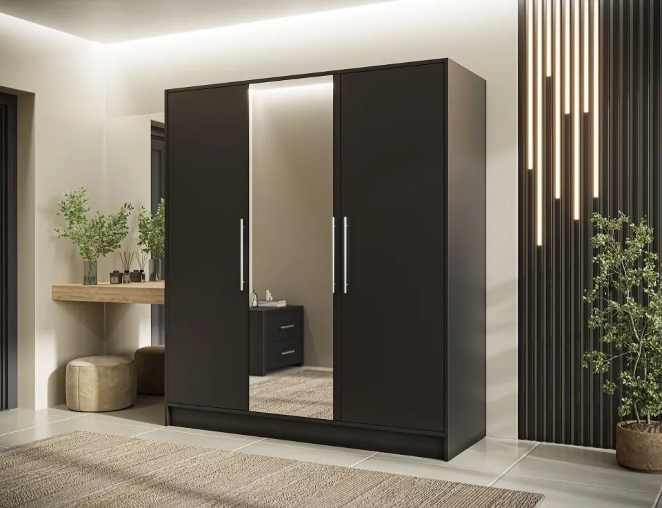 Dulap cu 3 usi si oglinda Alarica 180x60x200 cm – Negru