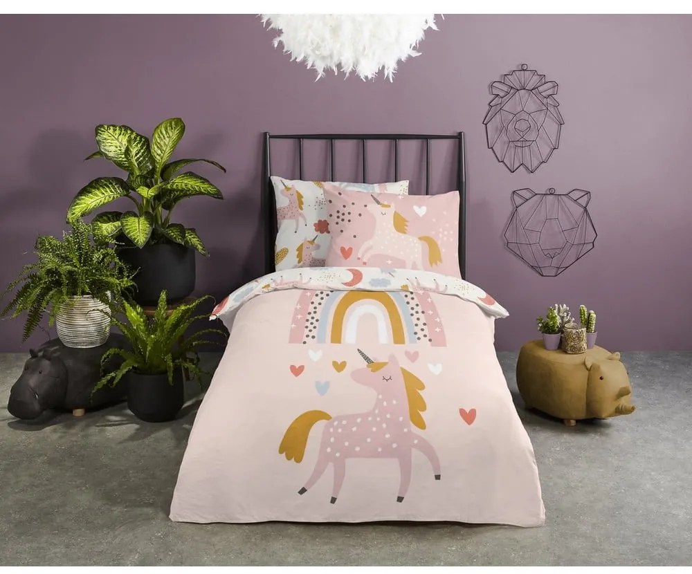 Lenjerie de pat din bumbac pentru copii Good Morning Unicorn, 140 x 220 cm