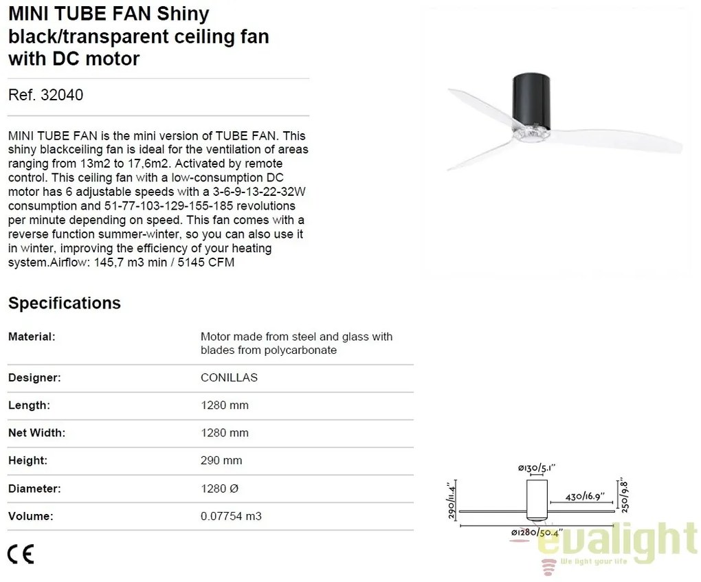 Ventilator de tavan modern cu telecomanda MINI TUBE FAN negru lucios/transparent 32040