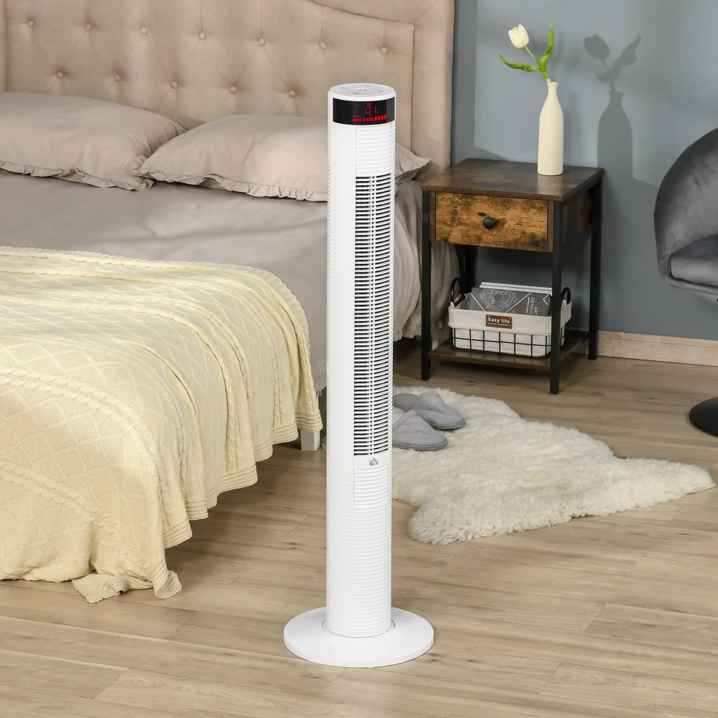 HOMCOM Ventilator de Turn cu Panou LED, 3 Viteze, 4 Moduri, 45W, Telecomandă, Alb | Aosom Romania
