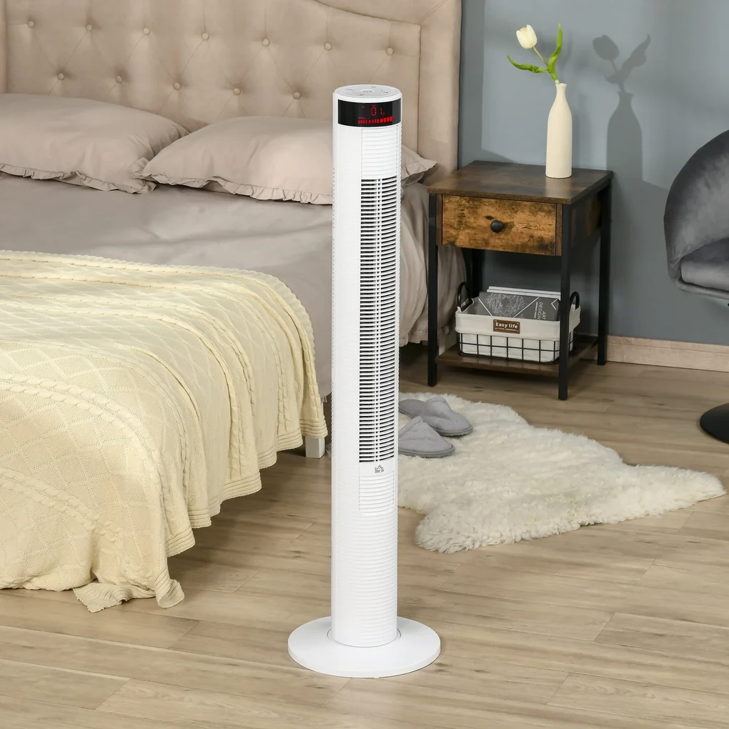HOMCOM Ventilator de Turn cu Panou LED, 3 Viteze, 4 Moduri, 45W, Telecomandă, Alb | Aosom Romania