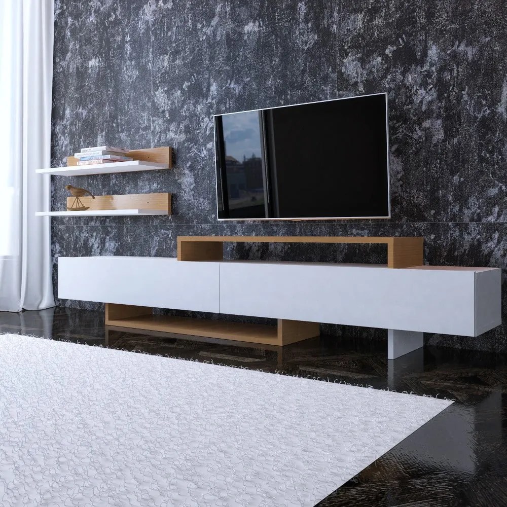 Set comodă TV și raft de perete cu aspect de lemn de tec Furny Home Nirvanas, alb