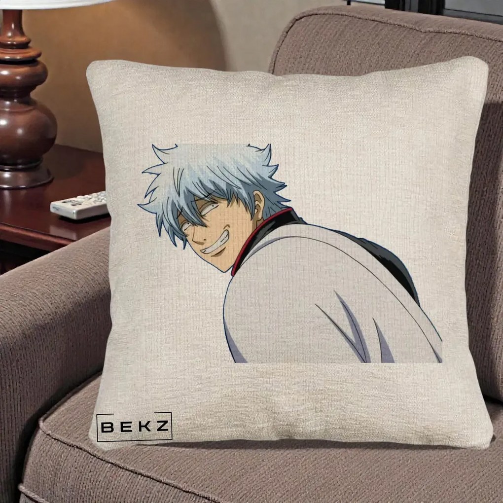 Perna Personalizata Gintama Gintoki Portret cu Zambet, 40x40 cm, Bej Canapea, Husa Detasabila, Perna Inclusa, BEKZ®