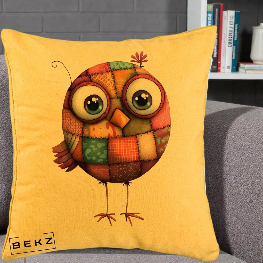 Perna Decorativa Pasare Patchwork Roz cu Floare, 40x40 cm, Galben, Husa Detasabila, Perna Inclusa, BEKZ®