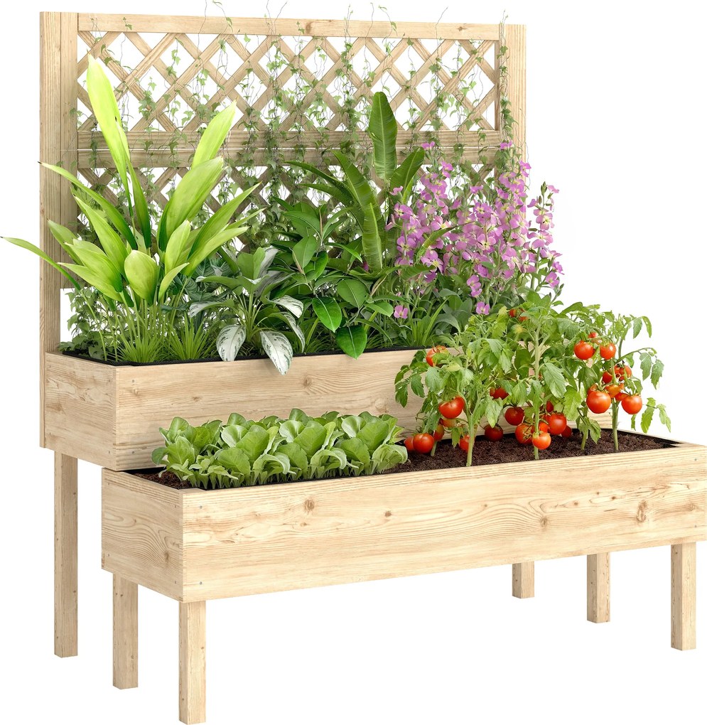 Outsunny Jardinieră înaltă cu spalier 2 niveluri cutie de flori cu 2 jardiniere, lemn 108 x 62 x 120 cm | Aosom Romania