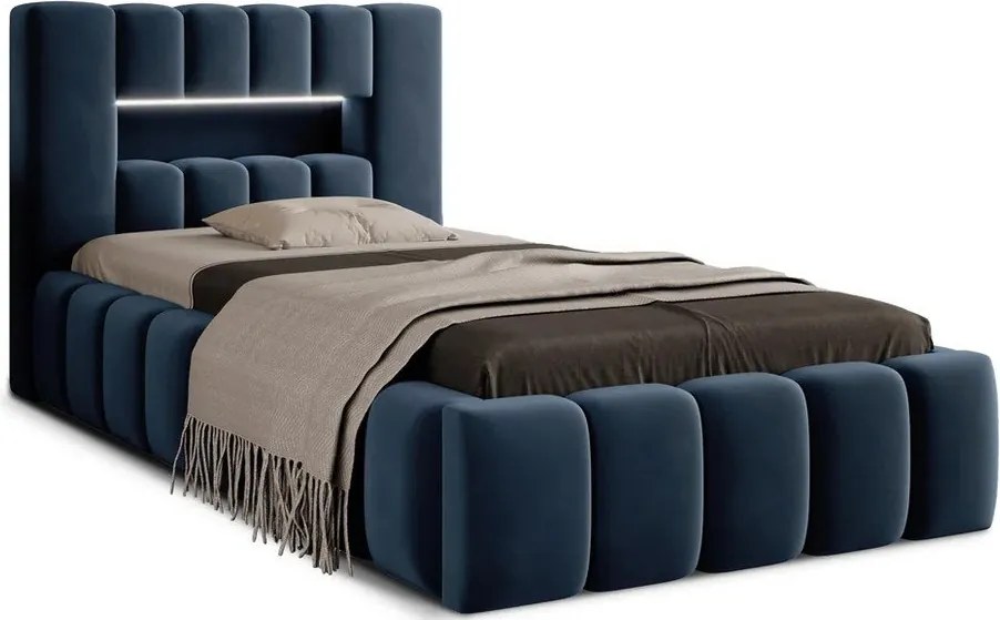 Pat albastru închis tapițat cu spațiu de depozitare cu somieră 90x200 cm Lamica – ELTAP