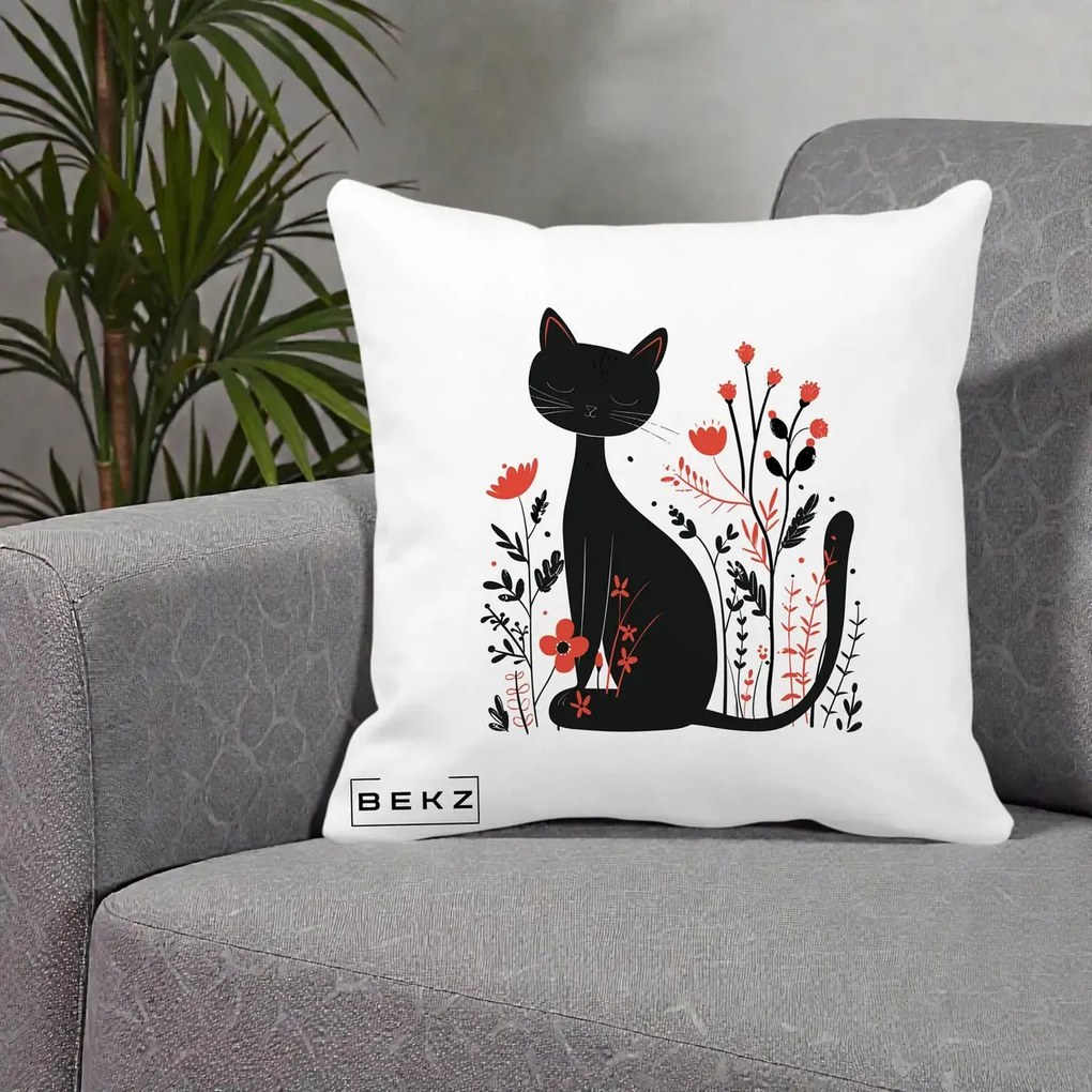 Perna Decorativa Pisica Neagra Flori Rosii Folk Minimal, 40x40 cm, Alba Mata, Husa Detasabila, Perna Inclusa, BEKZ®