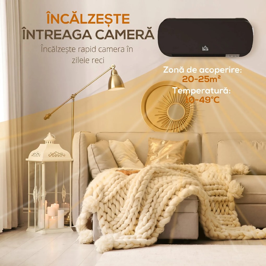 HOMCOM Aerotermă Electrică de Perete cu Telecomandă și Timer 12h, Negru | Aosom Romania