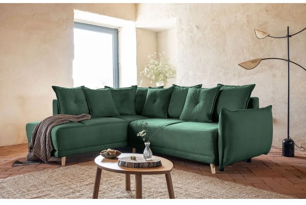 Colțar verde extensibil cu tapițerie din catifea reiată (colț stânga) Lazy Lukka – Miuform