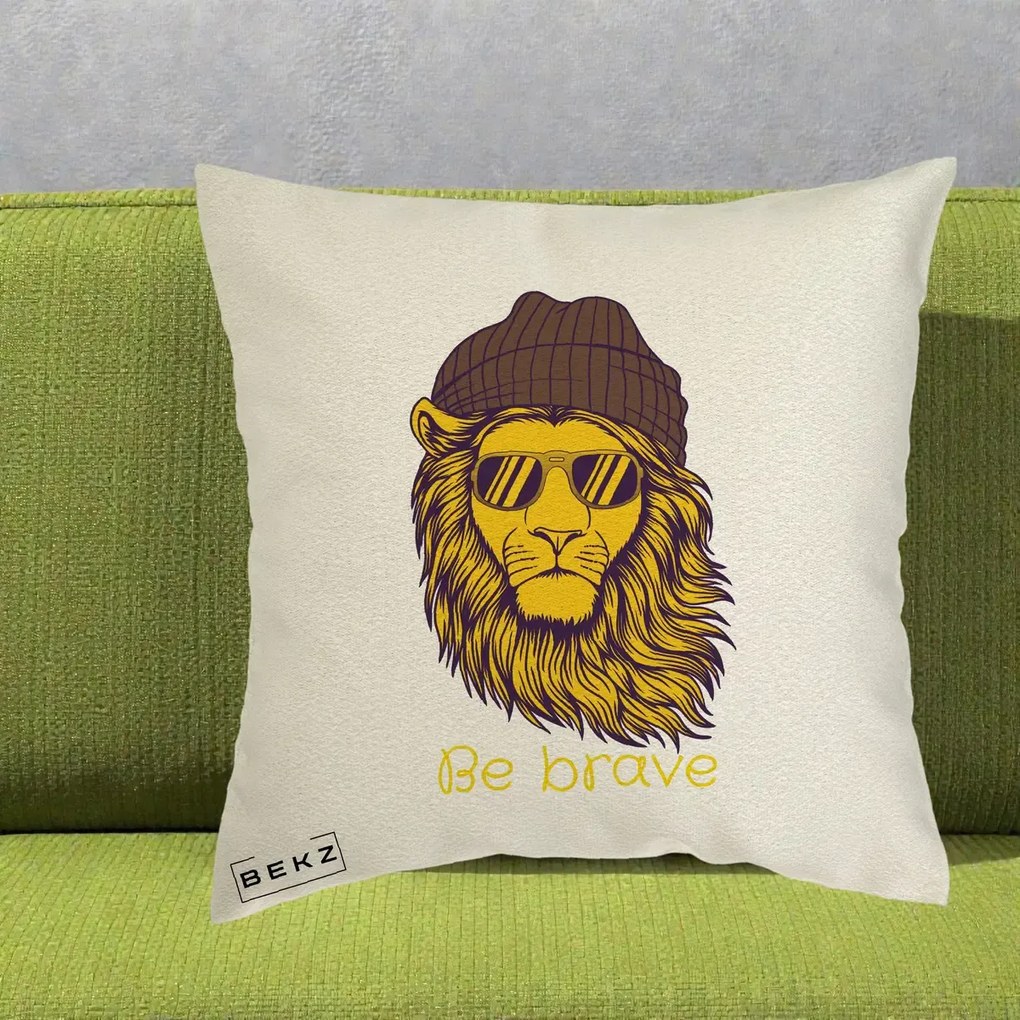 Perna Decorativa Leu Hipster Be Brave, 40x40 cm, Ecru, Husa Detasabila, Perna Inclusa, BEKZ®