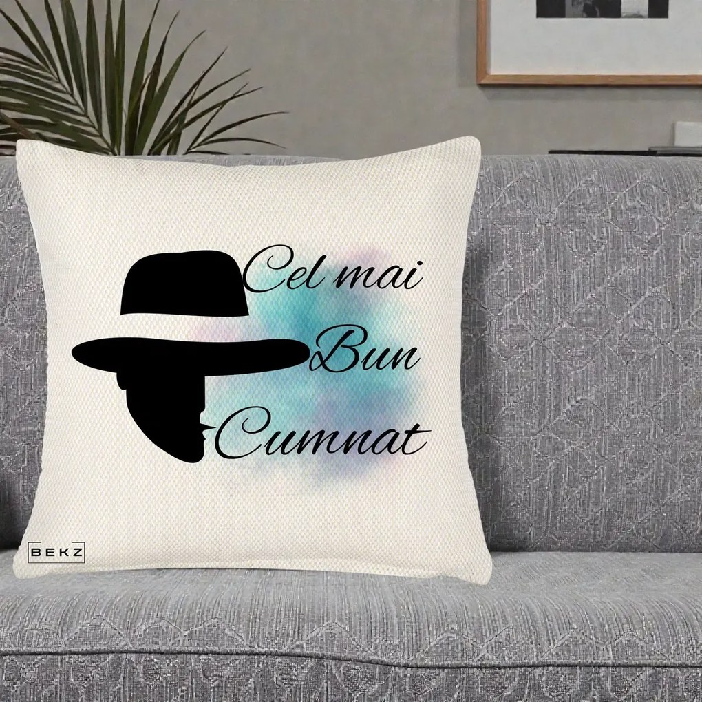 Cadou pentru Cumnat - Perna Personalizata Cel mai Bun Cumnat cu Silueta Palarie si Pete Teal-Roz, 40x40 cm, Crem Reliefat, Husa Detasabila, Perna Inclusa, BEKZ®