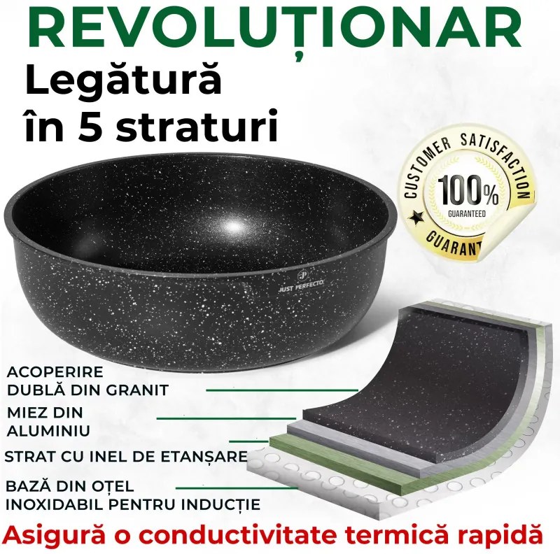Set de oale si tigai Just Perfecto JL-998, 11 piese, Finisaj marmura, Inductie, 2 manere detasabile, Negru