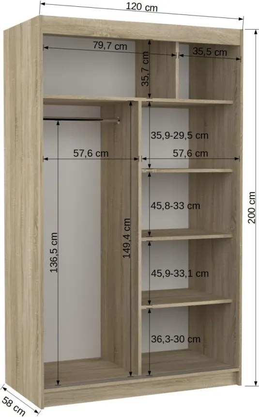 Dulap cu usi glisante si oglinda 120x200 cm, Rewena, ADRK Furniture (Culoare: Sonoma / Alb)