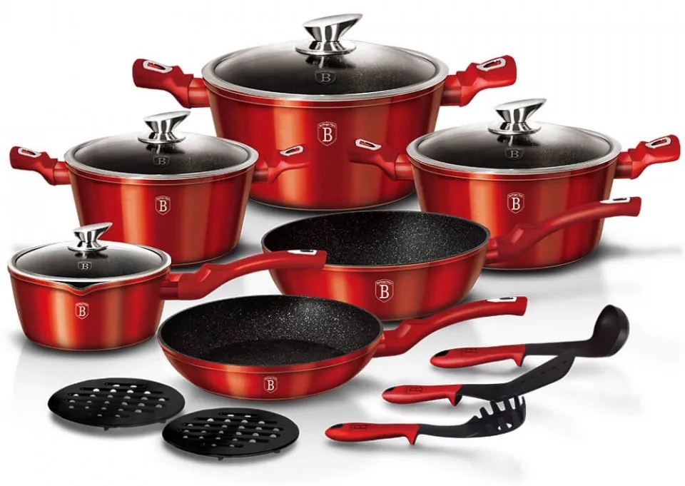 Set oale si tigai marmorate ( 15 piese ) din aluminiu forjat Burgundy Metallic Line Berlinger Haus BH 1226N