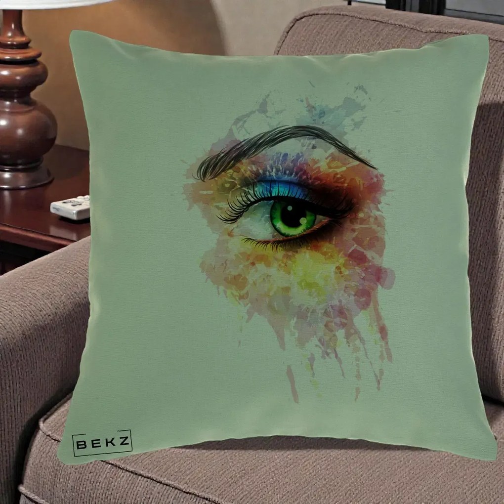 Perna Decorativa Ochi Verde Acuarela, 40x40 cm, Verde, Husa Detasabila, Perna Inclusa, BEKZ®