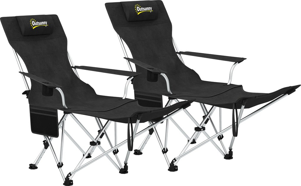 Outsunny Set de 2 Scaune de Camping Pliabile cu Suport pentru Picioare Detașabil, 82x100x88 cm, Negru | Aosom Romania