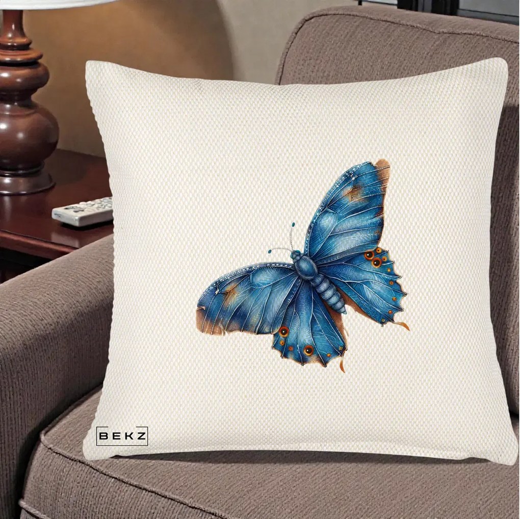 Perna Decorativa Fluture Albastru Satin cu Pete Aurii, 40x40 cm, Crem Reliefat, Husa Detasabila, Perna Inclusa, BEKZ®