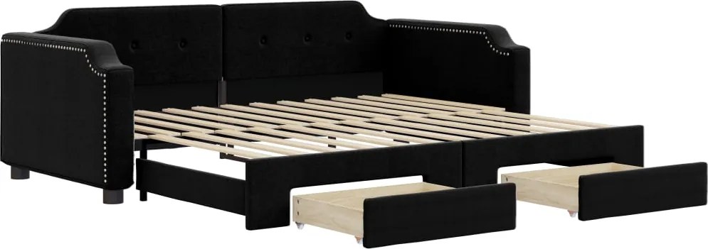 vidaXL Pat de zi cu extensie și sertare, negru, 100x200 cm, textil