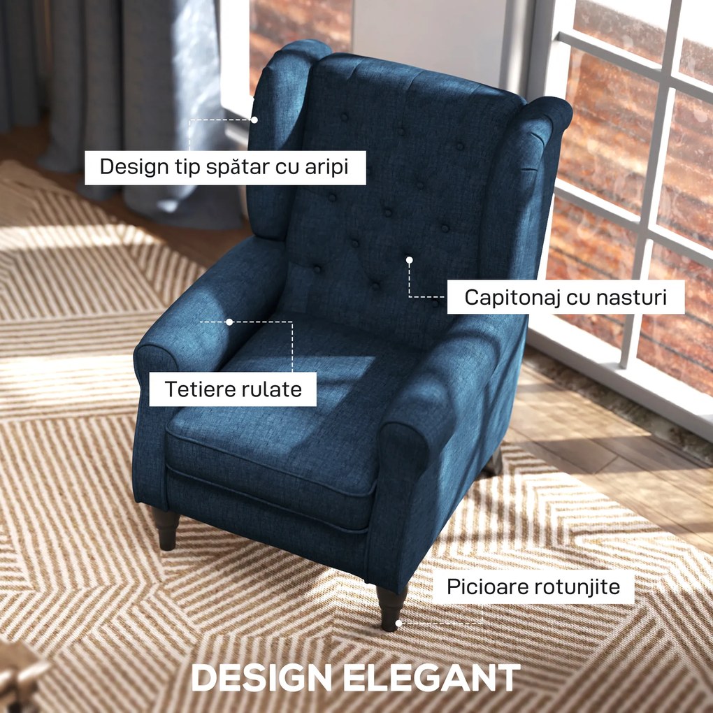 HOMCOM Scaun Decorativ Capitonat cu Spatar Inalt, Cotiere Rotunjite Captusite și Sezut cu Captuseala Groasa, Albastru | Aosom Romania