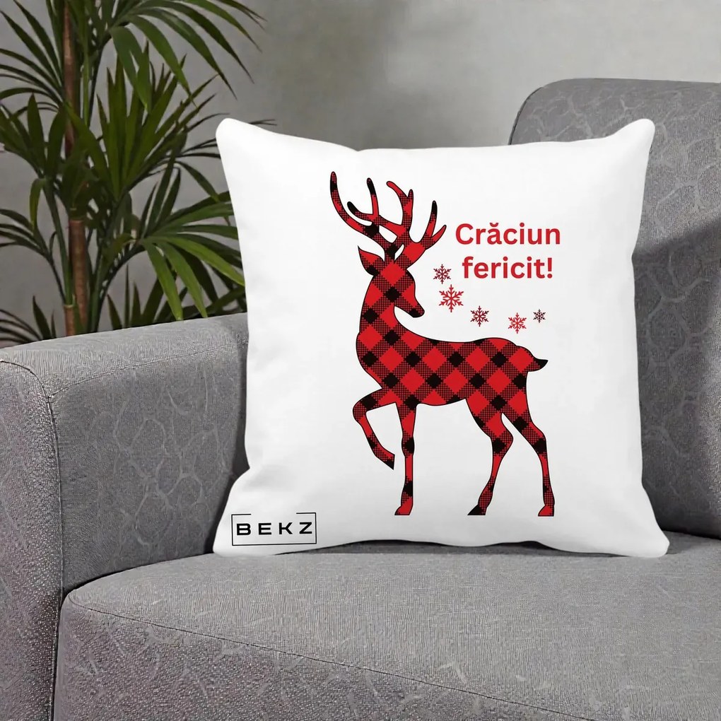 Perna Decorativa Ren Tartan Craciun Fericit, 40x40 cm, Alba Mata, Husa Detasabila, Perna Inclusa, BEKZ®