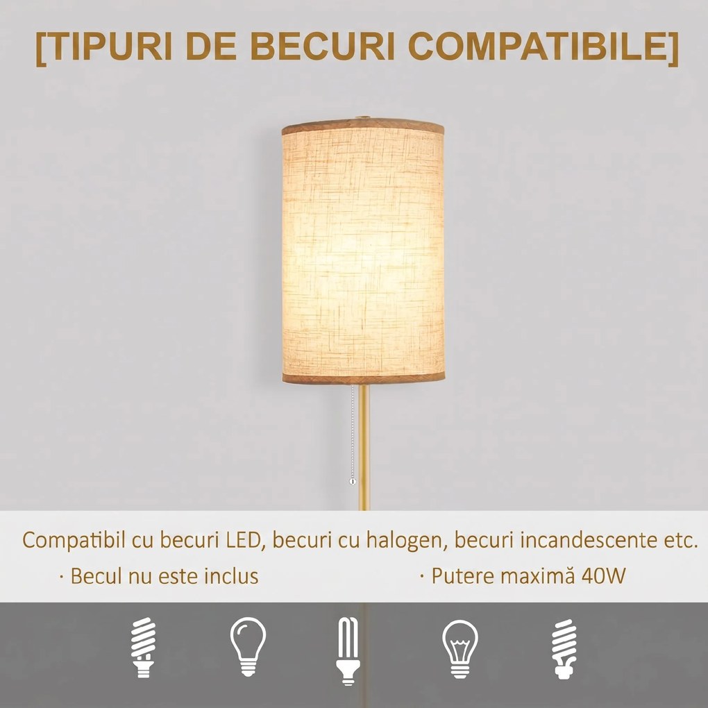 HOMCOM Lampadar cu Abajur din In și Dulie E27, In și Oțel, 25,5x25,5x157 cm, Auriu | Aosom Romania