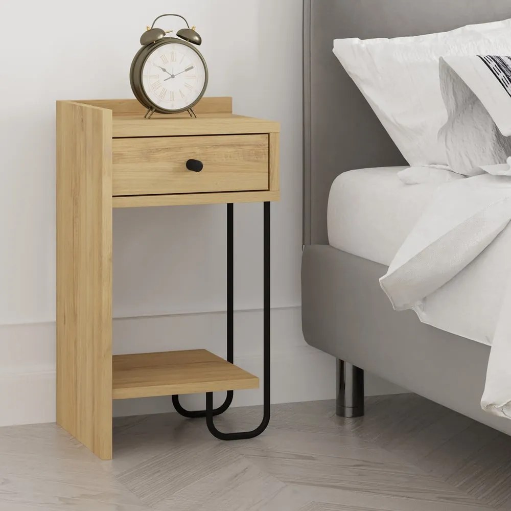 Noptieră în culoare naturală cu rafturi cu aspect de lemn de stejar Mercure – Marckeric