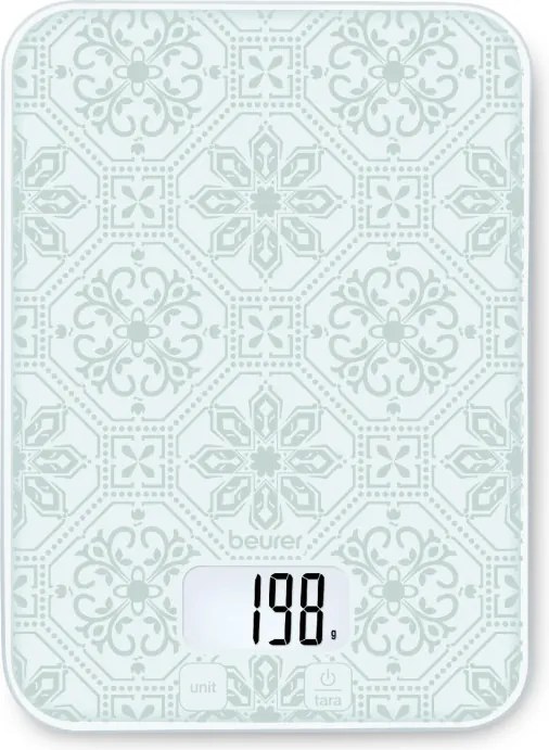 Cantar de bucatarie Beurer KS 19 Vintage, Pana la 5 kg, Functie TARA, Comanda tactila, Ecran LCD, Sticla, Ultra-subtire, Alb/Gri