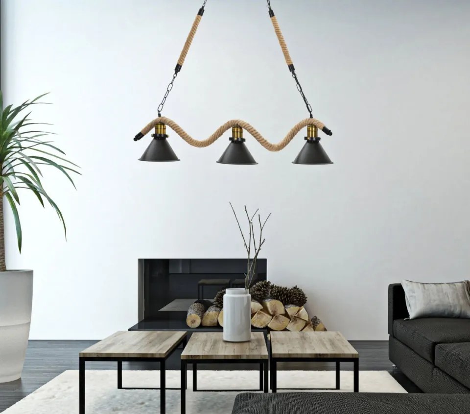 Lustra maro / neagra din metal si sfoara, soclu E27, max 20W, 84 x 20 x 88 cm, Rope 3 Lights Mauro Ferreti