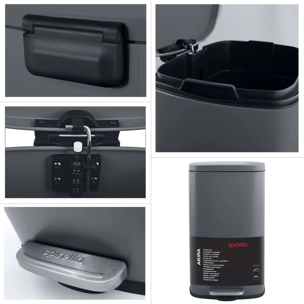 Coș de gunoi gri închis cu pedală din oțel 50 l Akira – Spirella