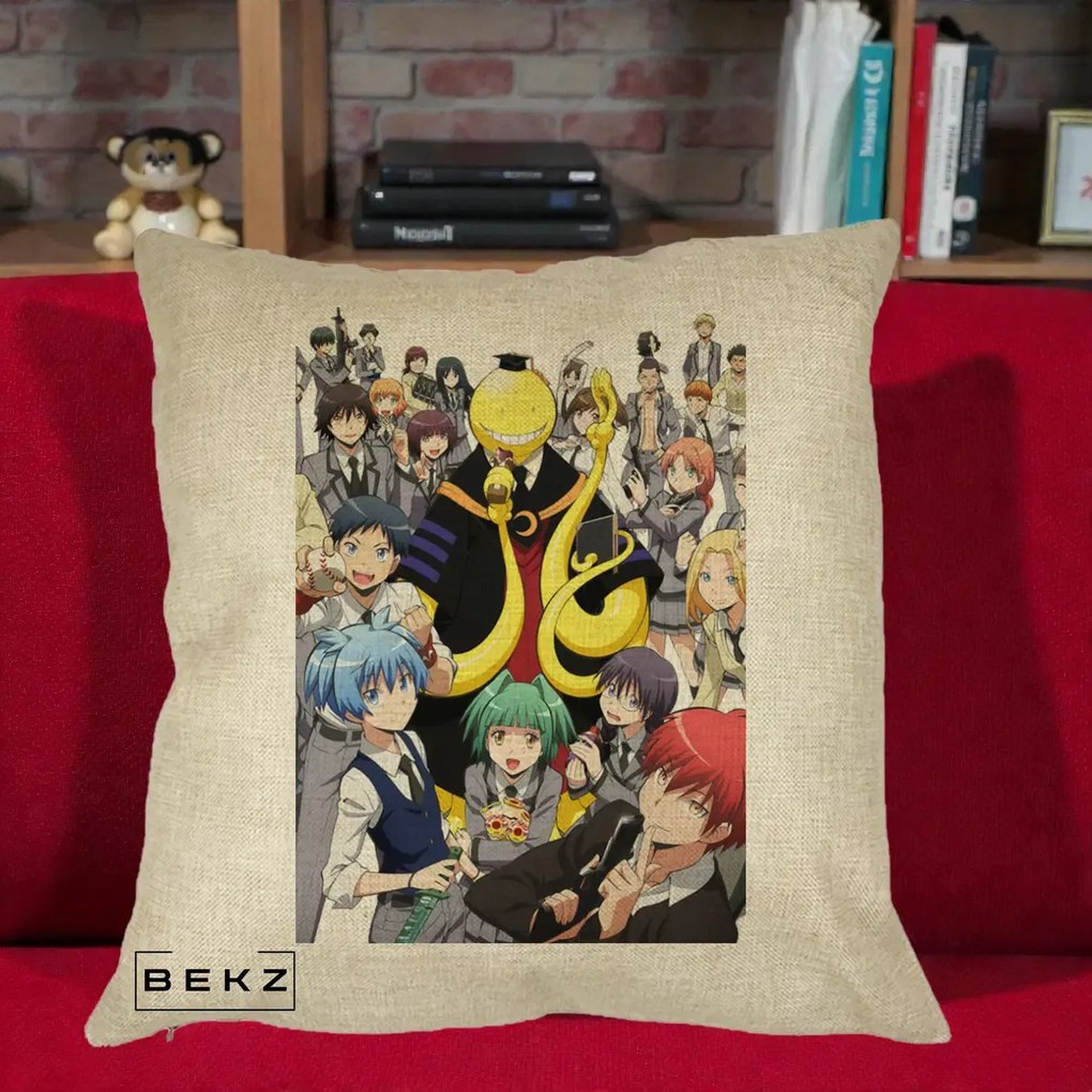 Perna Personalizata Assassination Classroom Grup Complet Anime, 40x40 cm, Crem, Husa Detasabila, Perna Inclusa, BEKZ®