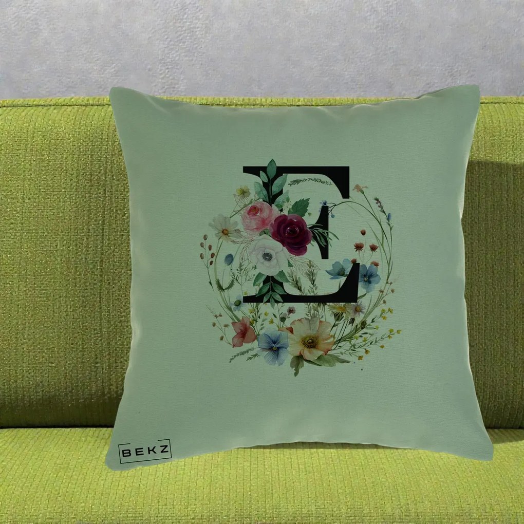 Cadou Personalizat - Perna Personalizata Monogram Litera E cu Flori Acuarela, 40x40 cm, Verde, Husa Detasabila, Perna Inclusa, BEKZ®