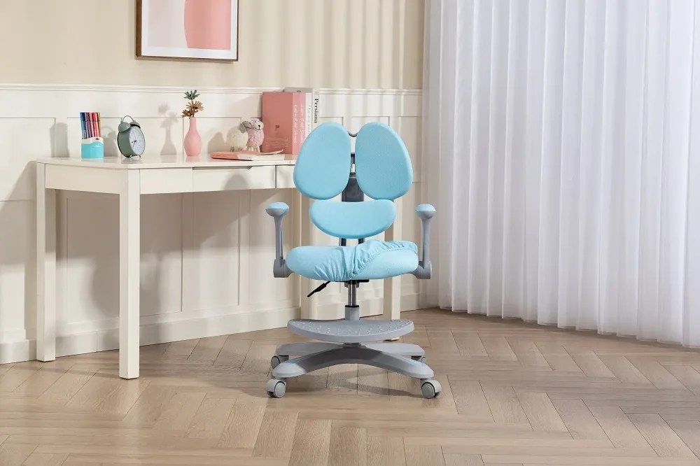 RIKKY Scaun ergonomic pentru copii, spatar si suport lombar reglabile, huse detasabile, suport picioare reglabil, rotativ, Albastru